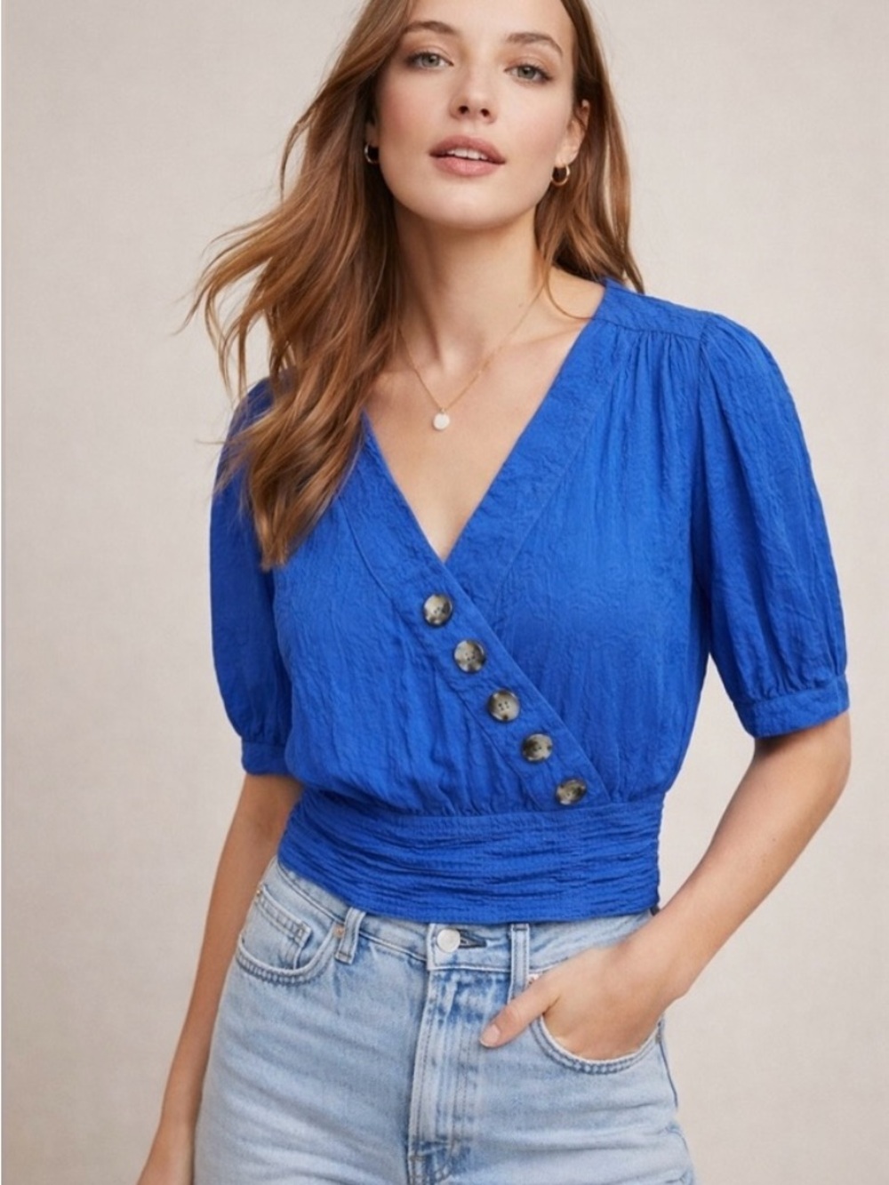 Anthropolgie Maeve Blue V-Neck Button-Front Puff Sleeve Top